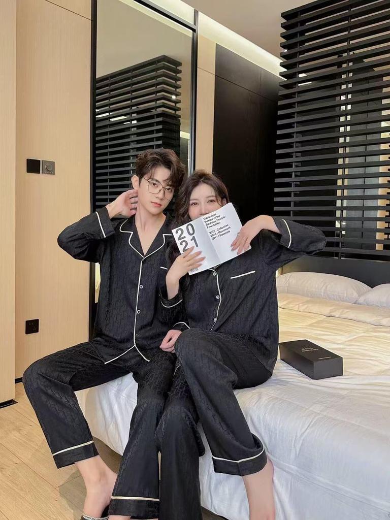 Paar-Eisseiden-Pyjamas für Frühling/Herbst - Rot Luxuriös Locker geschnitten, Übergröße verfügbar für Damen & Herren