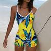 Summer Beach Pool Wear Tropical Flowers Printed One Piece Boy Short Swimsuit Women Athletic Slim Fit Bathing Suit