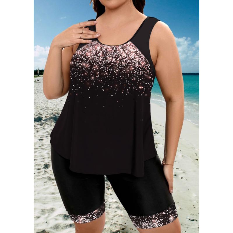 Skromné ​​tílko větší velikosti, dámský grafický potisk s kulatým výstřihem a kulatým výstřihem, 2dílná sada plavek