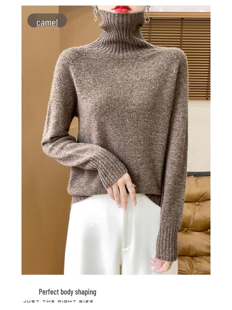 Damski sweter z wysokim dekoltem, o luźnym kroju, wykonany w 100% z wełny - Gruby, wszechstronny dziergany pulower na jesień i zimę