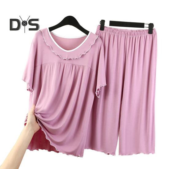 Women's Two Piece Pajamas Set Crew Neck Short Sleeve Shirts Matching Wide Leg Pants Sleepwear Set Summer Casual Loungewear