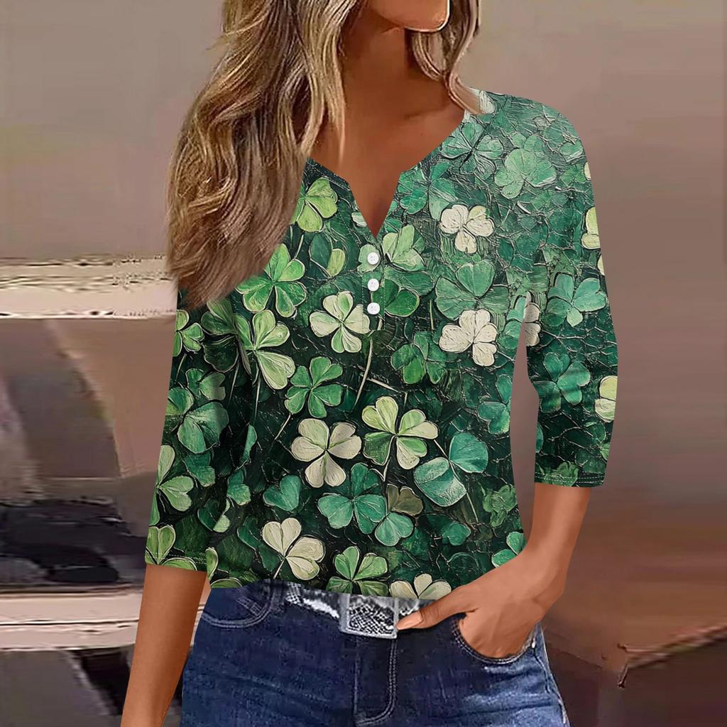 Damen T-Shirt mit Aufdruck, Knopfleiste, 3/4-Ärmel, für den Alltag, Wochenende, Basic, V-Ausschnitt, normales Oberteil