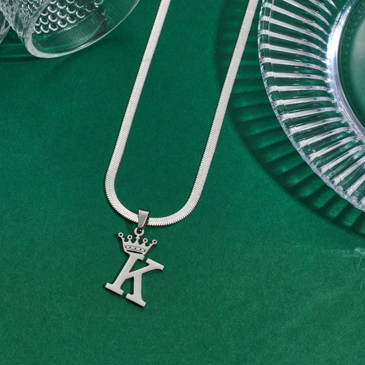 Unisex Stainless Steel 26-Letter Crown Pendant Necklace - Fashionable Clavicle Chain Accessories