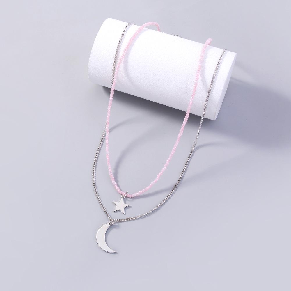 

Модное богемное розовое ожерелье из бисера с подвеской в виде звезды и луны, двухслойное