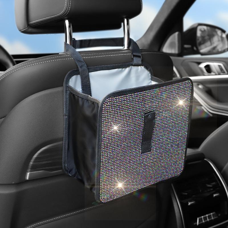 Bling Collapsible Car Trash Can Large Capacity Seat Back Hanging Garbage Storage Bag Organizer For Women Interior Accessories