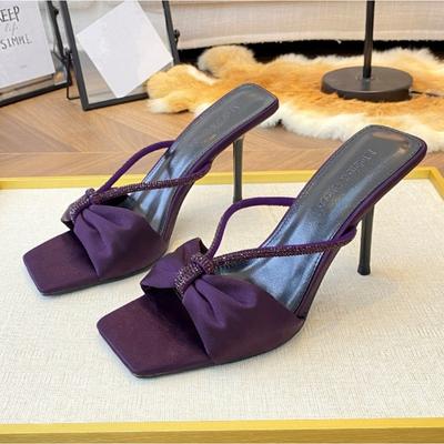 Purple Satin Rhinestone One-piece Slippers for Women 2025 Summer New Butterfly Dew Toe High Heels Sandals for Wearing Outside
