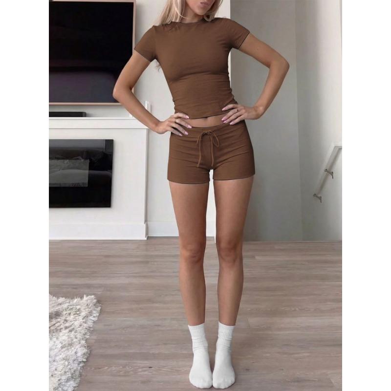 Women Solid Short Sleeve Round Neck T Shirt And Shorts Casual Two Piece Set