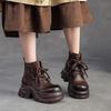 Johnature Round Toe Platform Short Boots Retro Genuine Leather Thick Soled Height Increase Women's Shoes