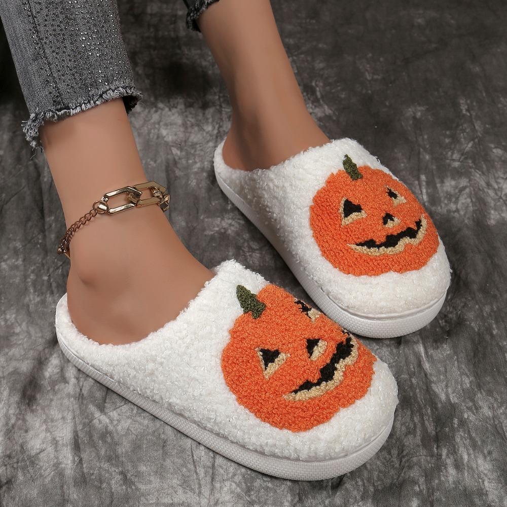 Pumpkin Slippers Soft Plush Cozy Non-slip Rubber Sole Halloween Slippers for Women Indoor Winter Shoes Halloween Gifts