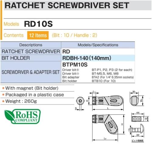 TONE Ratchet Driver Set RD10S Bit Insertion &6.35mm (1/4") Black Contents 12 items