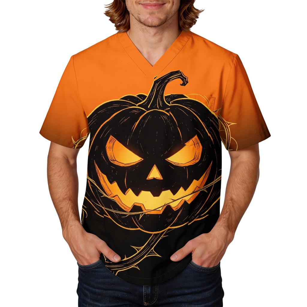 Men's Halloween Print V-Neck Short Sleeve Pocket Scrub Top for Caregiver Uniform