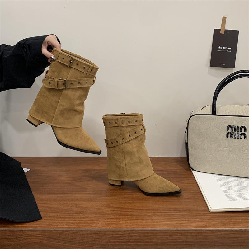 

Mi Ting Western Cowboy Coarse Heel Pants Boots Women s 2025 Autumn and Winter New Fashion Spice Girl Medium Tube Muse Van Martin Boots 40 коричневий