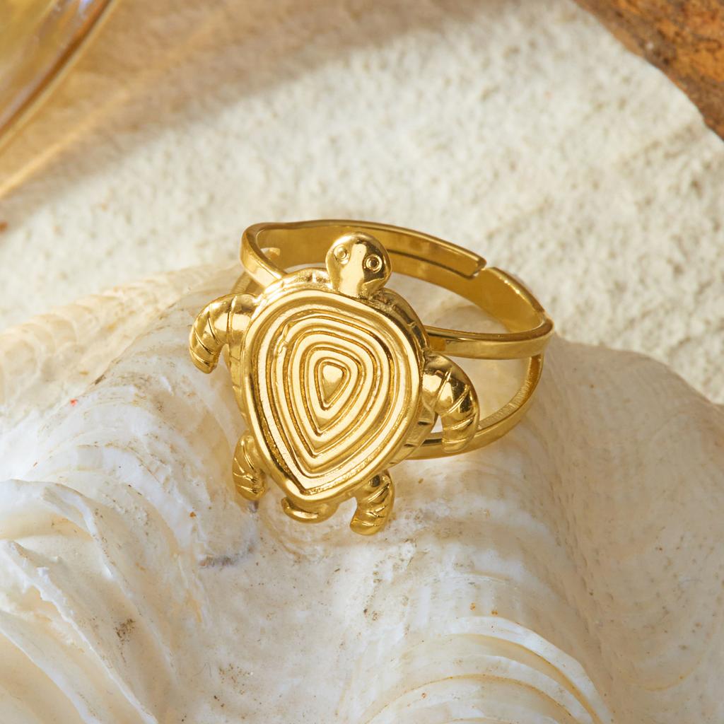 Bohemian Stainless Steel Turtle Gold Color Seashell Ring for Women Statement Ocean Animal Beach Vacation Party Jewelry Gift