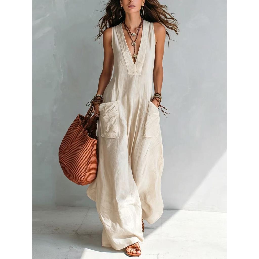 Women's Sleeveless Deep V Neck Loose Wide Leg Jumpsuit Solid Pocket Maxi Jumpsuit Casual Vacation Romper