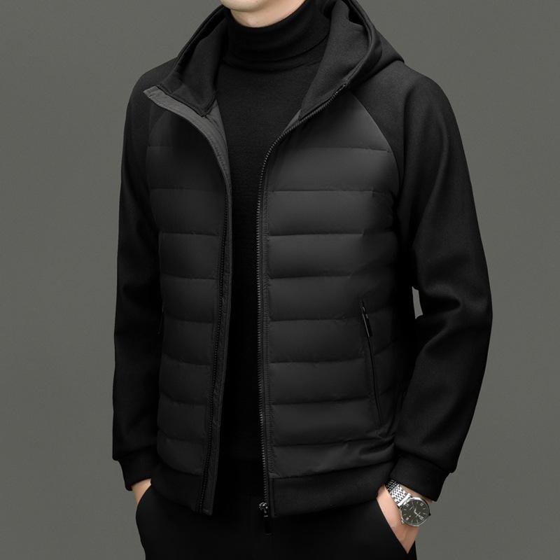 Men's Hooded Lightweight Down Jacket - Stylish Patchwork Short Coat for Fall and Winter Warmth