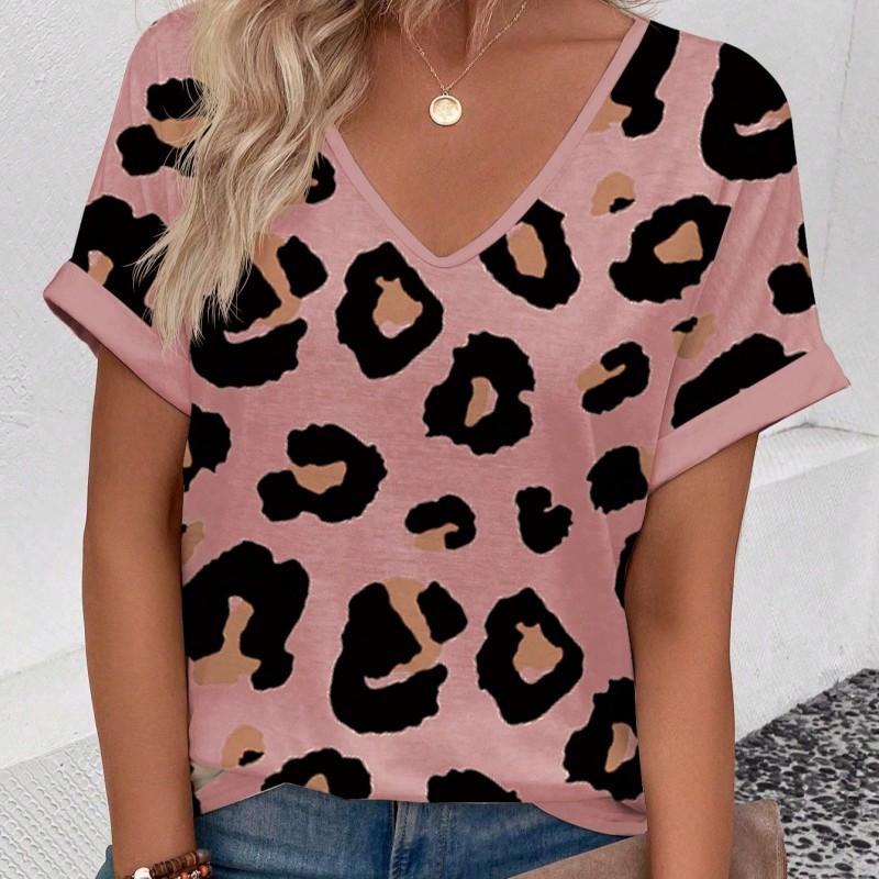 Womens V-Neck Short Sleeve T-Shirt With Leopard Print 3D Effect Colorful Ink Loose Fit Casual Office Wear