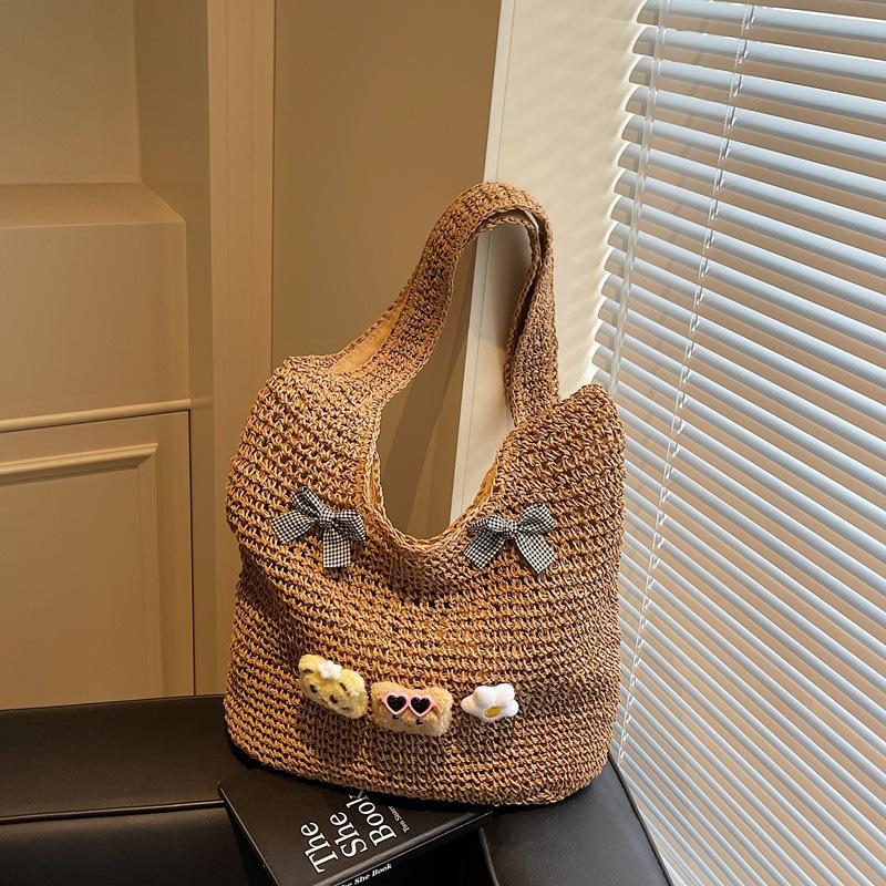 Cute Woven Straw Beach Bag Women's New Seaside Leisure Vacation Large Capacity Shoulder Tote Bag