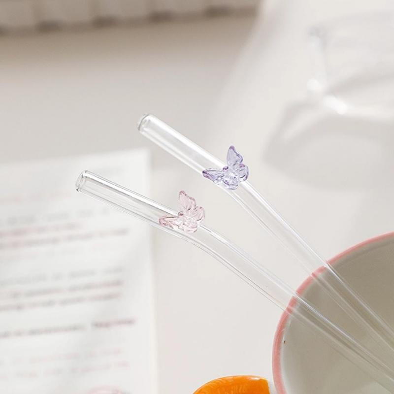 8pcs/pack Butterfly Glass Straws Household Colorful Heat Resistant Bent Straws Gift Set with Cleaning Brushes
