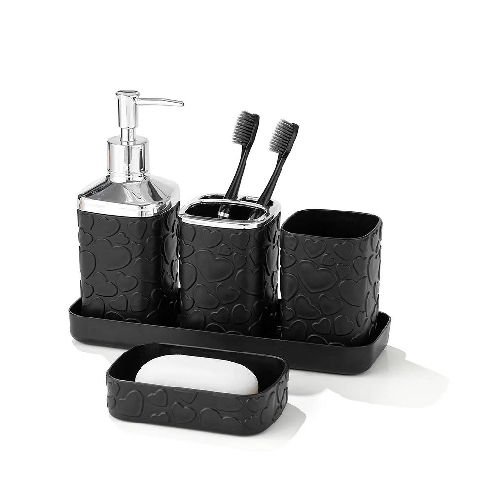 Black Pattern Tray Resin Bathroom Set Toothbrush Holder Soap Dispenser Soap Dish Bathroom Accessories Set Home Decor 5pcs/Set