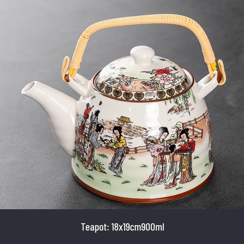 Ceramic Blue and White Teapot with Handle, Large Capacity Retro Herbal Tea Pot, Single Filter, Suitable for Household and Restaurant Use.