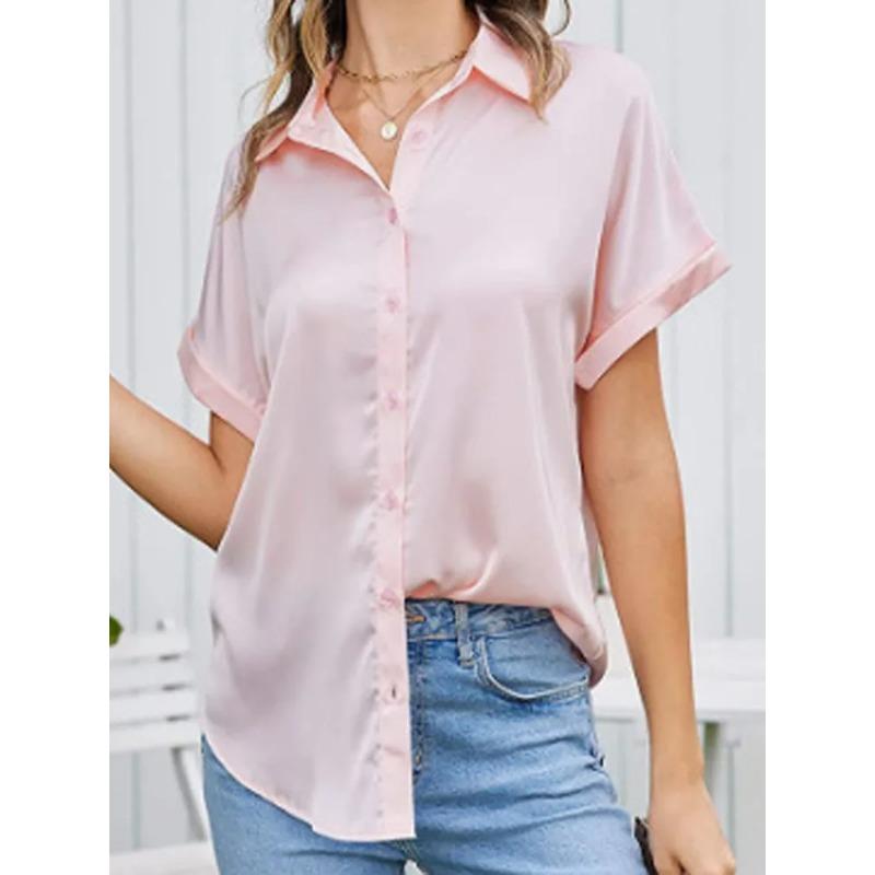 

Весенне-осенняя женская рубашка, однотонная атласная блузка с коротким рукавом, рубашка на пуговицах и плечах M розовый