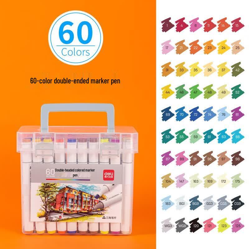 Deli 70803 Dual-Tip Alcohol Marker Pen Set, 60 Colors