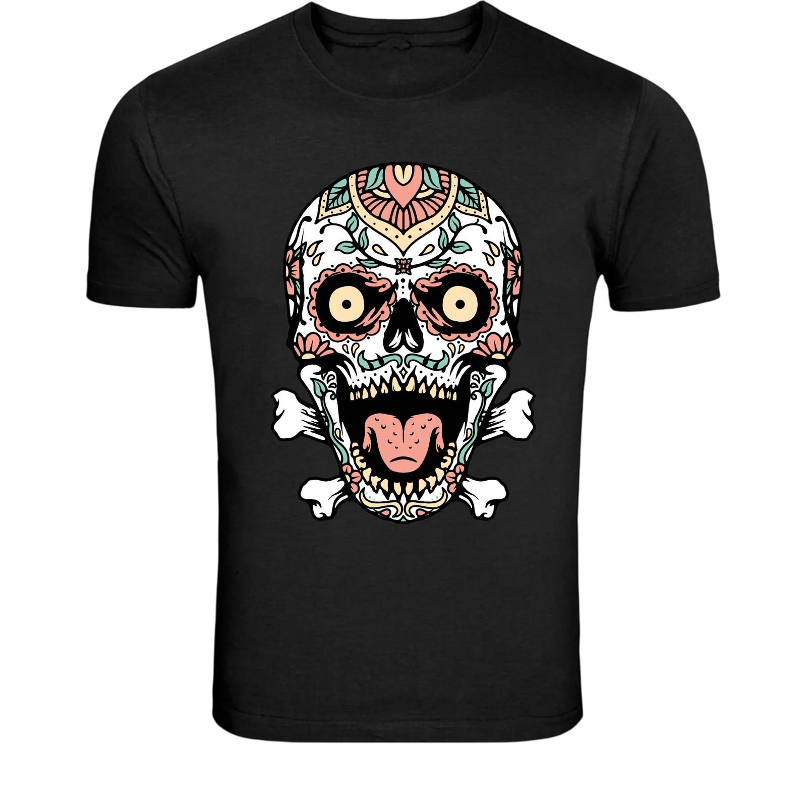 Day of the Dead Skull Art T-Shirt - Colorful Sugar Skull Graphic S