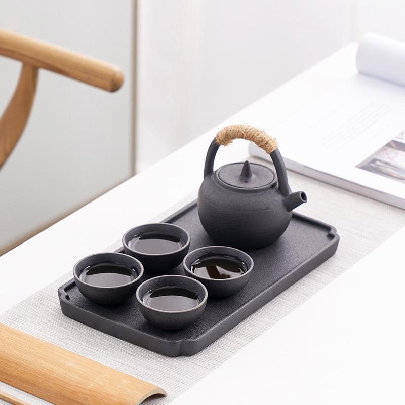 Black pottery travel kung fu tea set, ceramic simple 1 pot 4 cups gift box gift