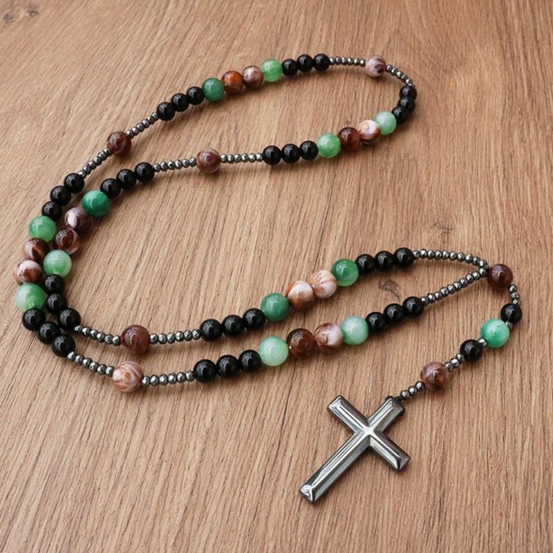 Handcrafted Crosses Pendant Jewelry Brown Tigers Eye Stones Unisex Daily Wear Mens Jewelry with Silver Spacers