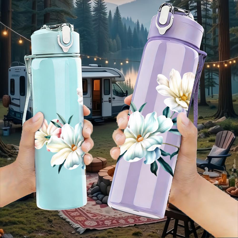 1PC White Watercolor Floral Graphic,750ml Color Plastic Sports Water Bottle,Leakproof Flip Straw Lid,Suitable for Sports Office Home Use