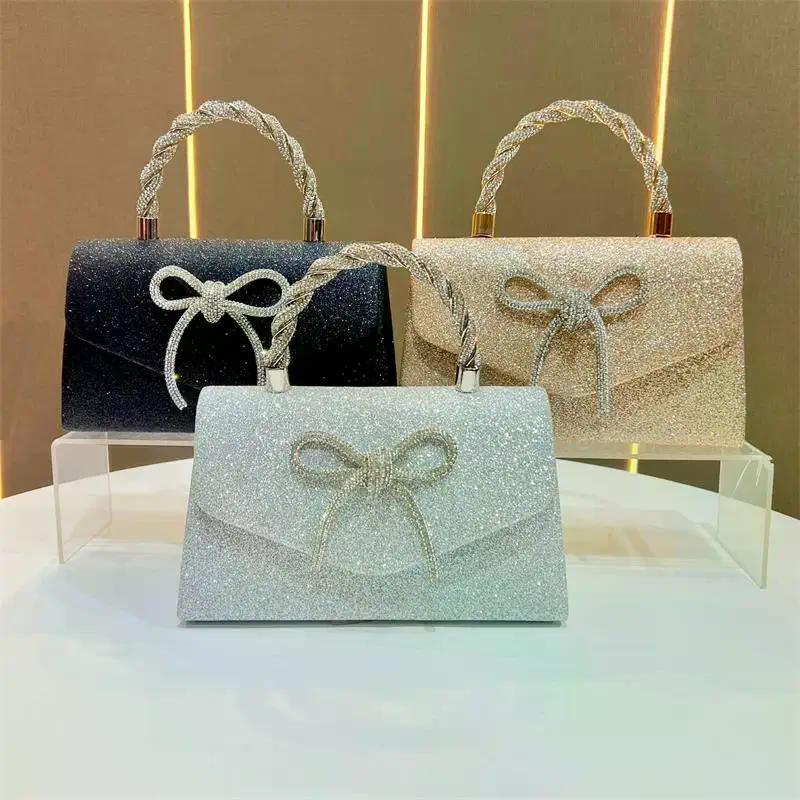 Women's Glitter Gold Silver Black Chain Crossbody Bag; Luxurious Rhineste Bow Evening Handbag and Clutch