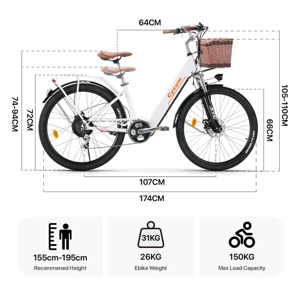 Cysum Cityrun Electric City Bike 26-Inch Tire 250W Motor 36V10Ah Built-in Battery 60–80 Km Max Range Shimano 7-Speed