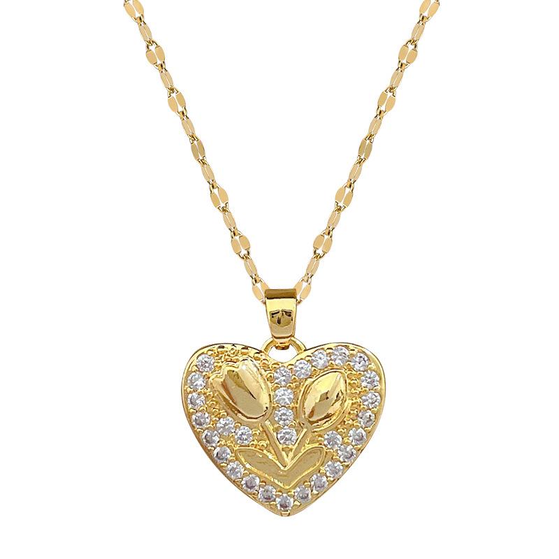 Titanium Steel Love Rose Light Luxury Temperament Gorgeous Full Diamond Necklace Female Versatile Collarbone Chain Titanium Steel Chain