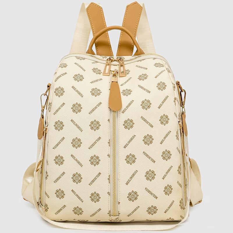 

Вінтажна друкована багатофункціональна сумка через плече Жіночий ПУ рюкзак Великої місткості Дорожній рюкзак бежевий