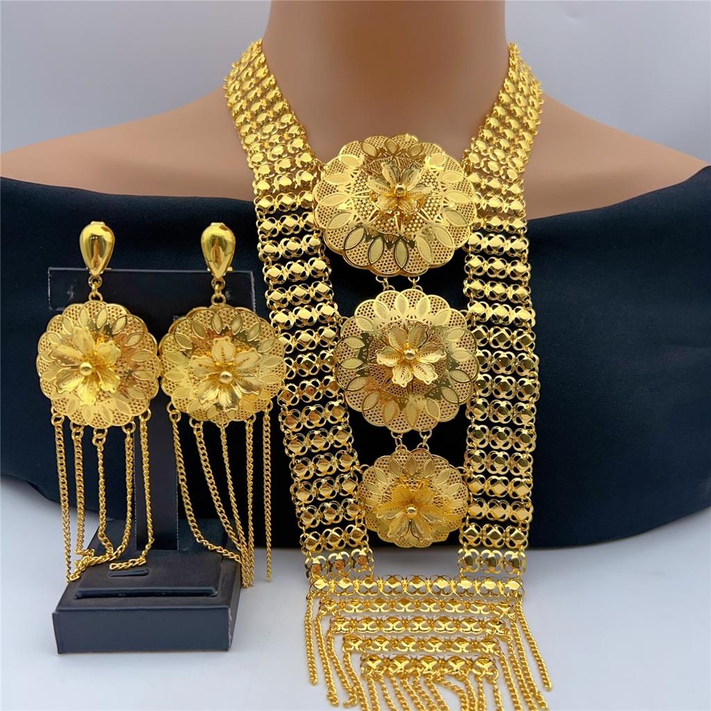 Indian 24K Gold Plated Big Necklace Earrings Jewelry Set For Women African Dubai Nigeria Bridal Wedding Party Gift Jewellery