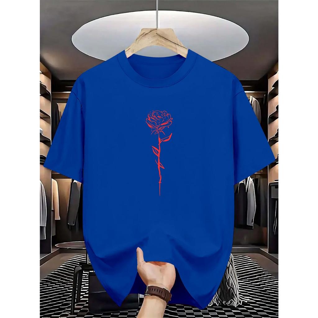 Men's Summer Fashion Casual Loose Rose Pattern Printed Crew Neck Short Sleeve T-Shirt