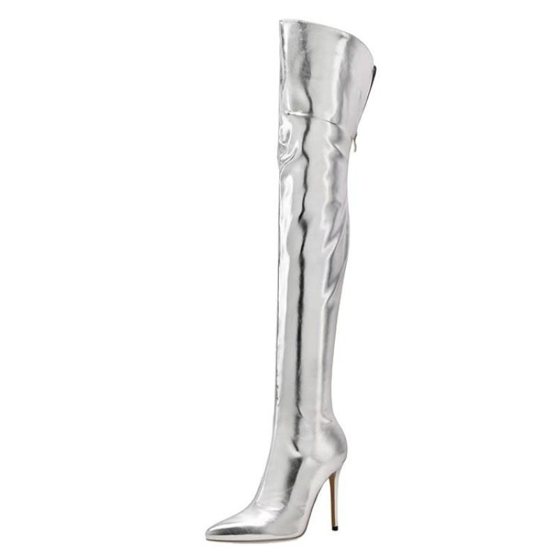 Metallische Over-the-Knee-Stiefel Damen Spitz zulaufende Spitze Stilettoabsatz Große Größen Mode
