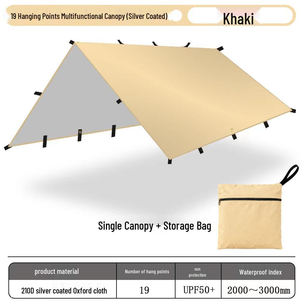 Outdoor Multifunctional Rainproof Sunshade Canopy with 19 Hanging Points and Black Glue Silver Coating for Camping
