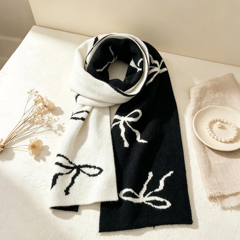INS girly bow jacquard scarf wool blended double-sided contrasting scarf autumn and winter atmosphere temperament scarf