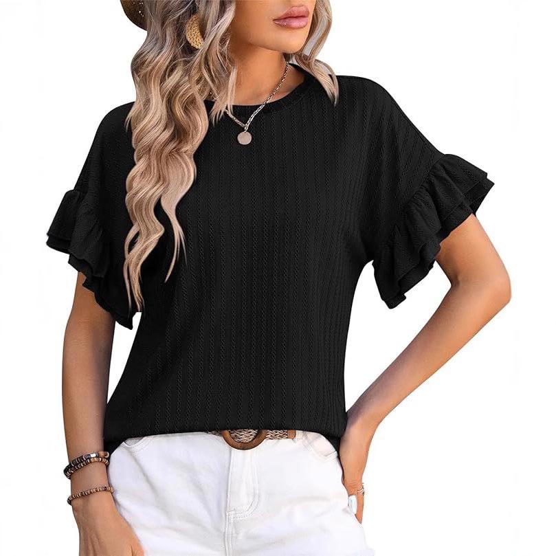 Women's clothing European and American spring and summer new solid color round neck lotus leaf sleeve short sleeve T-shirt top