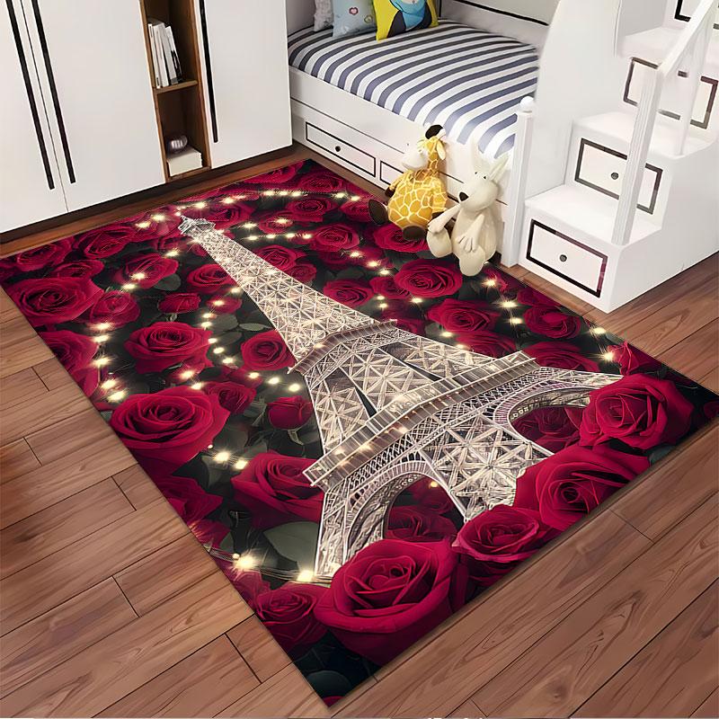 Eiffel Tower with Red Roses suitable as a non-slip mat for the living room or bedroom sofa
