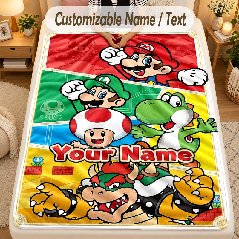Flannel BlanketSuper Mario Custom Name Text Personalized Soft Warm Throw Blanket Home Decor Gift