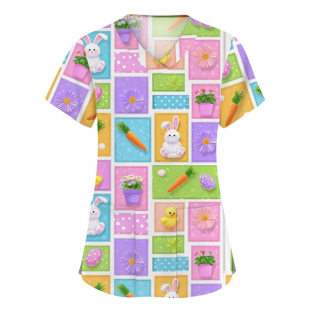 Women's Fashion V-neck Short Sleeve Workwear With Pockets Printed Tops