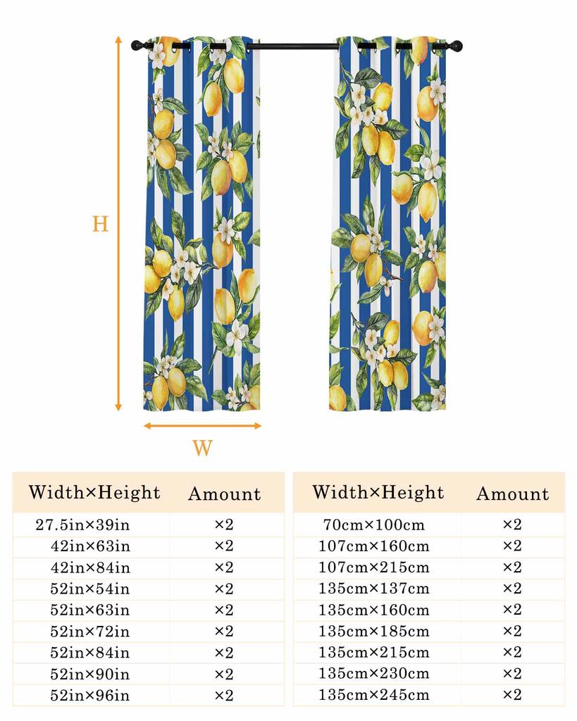 Classic Summer Blue Striped Lemon Plant Window Curtain Bedroom Decor Curtain Panel Curtains for Living Room