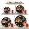 Vibrant Orange Flowers on Black Round Wall Clock, Floral Decorative Timepiece for Modern Interiors