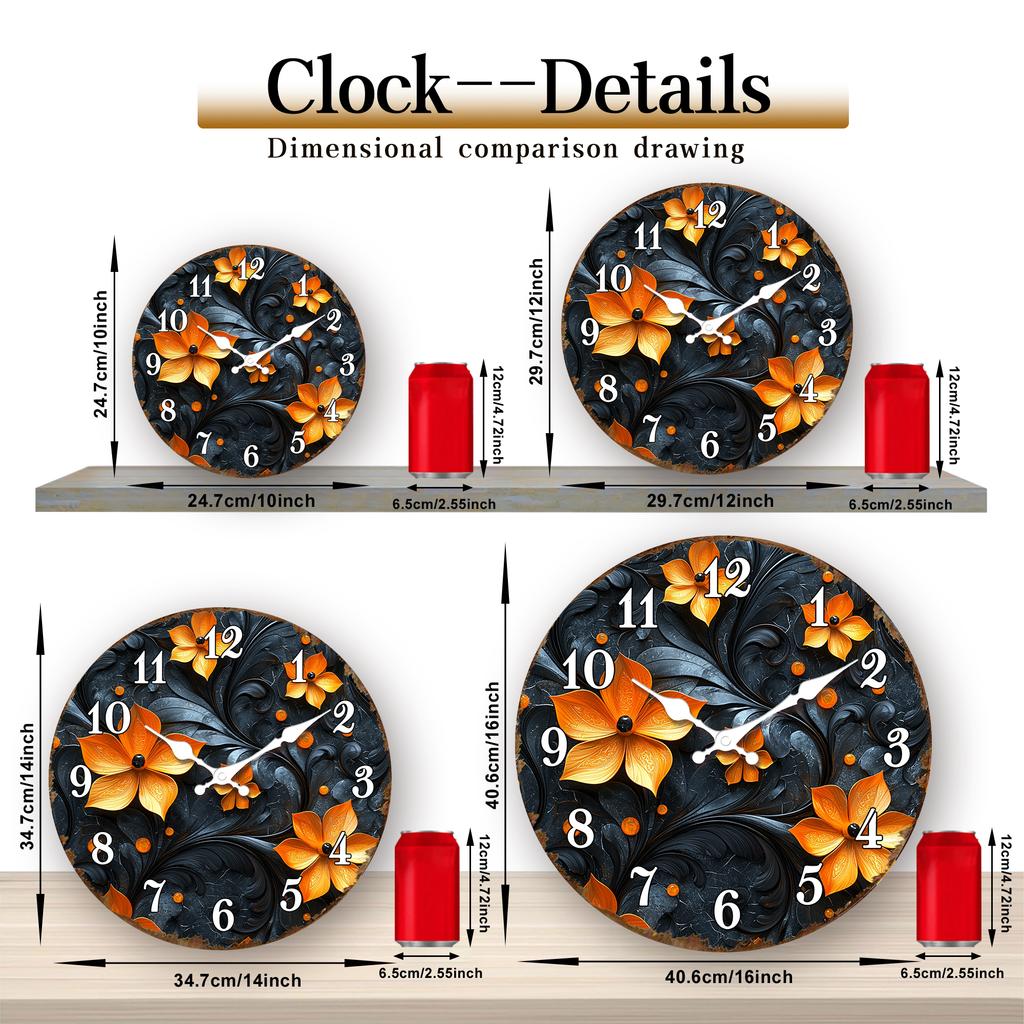 Vibrant Orange Flowers on Black Round Wall Clock, Floral Decorative Timepiece for Modern Interiors