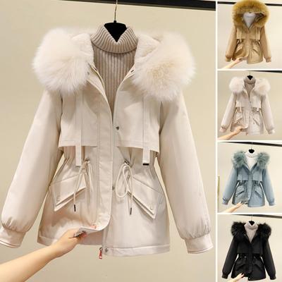 Long Sleeves Waist Drawstring Zipper Buttons Closure Pockets Women Coat Winter Faux Fur Hooded Fleece Lined Mid-Length Down Jacket Female Outwear