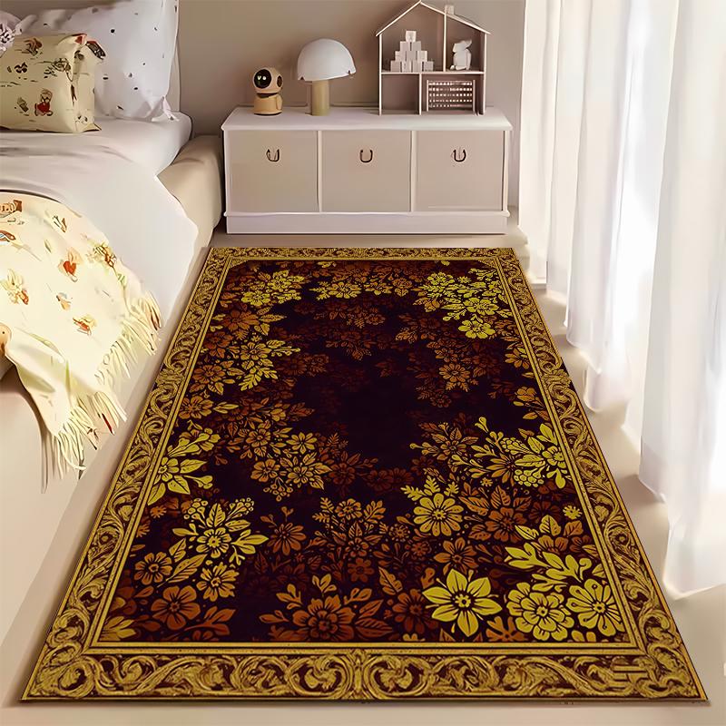 Floral Pattern Carpet with Golden Yellow Border, Vintage Style Rug Suitable for Use As an Anti-slip for Living Room Bedroom Sofas
