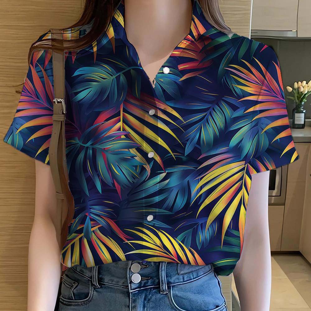 Womens Shirts Tropical plant leaves 3D Printed Tops Casual Hawaiian Short Sleeve Button Beach Shirt Summer y2k Women's Clothes