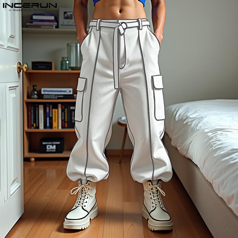 INCERUN Men Zip-up Waist Belt Casual Stitching Thin Harem Pants with Pockets